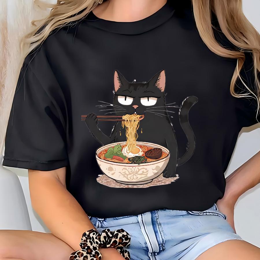 Noodle Black Cat Sweatshirt, Funny Ramen Sweater, Cat Lover Gift, Ramen Lover Gift, Japanese Sweatshirt, Black Cat Sweater, Cat Mom Gift T-shirt