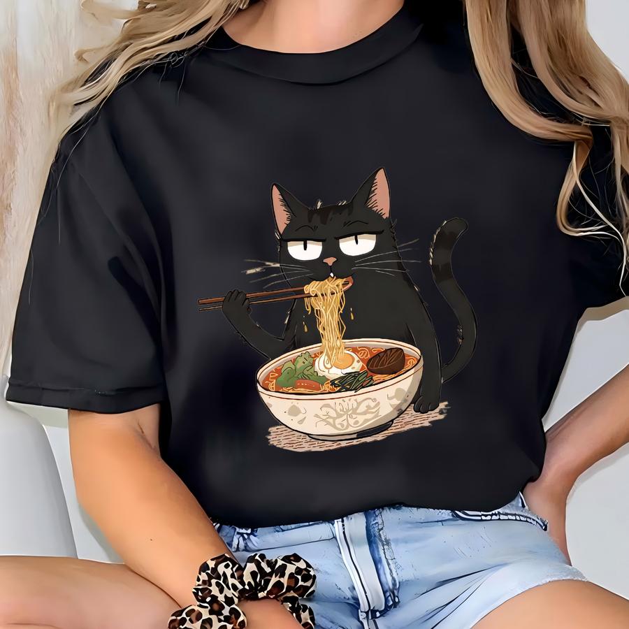 ® Noodle Cat Shirt, Ramen Cat Hoodie, Foodie Lover Shirts, Black Cat Noodle Hoodies, Retro Cat Tees, Cat Lover,black Cat Tee T-shirt