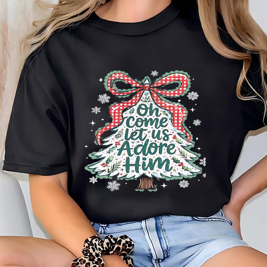 Religious Christmas Sweatshirt, Oh Come Let Us Adore Him Hoodie, Christian Christmas Sweater, Christian Christmas Tree, Jesus Nativity Sweat T-shirt