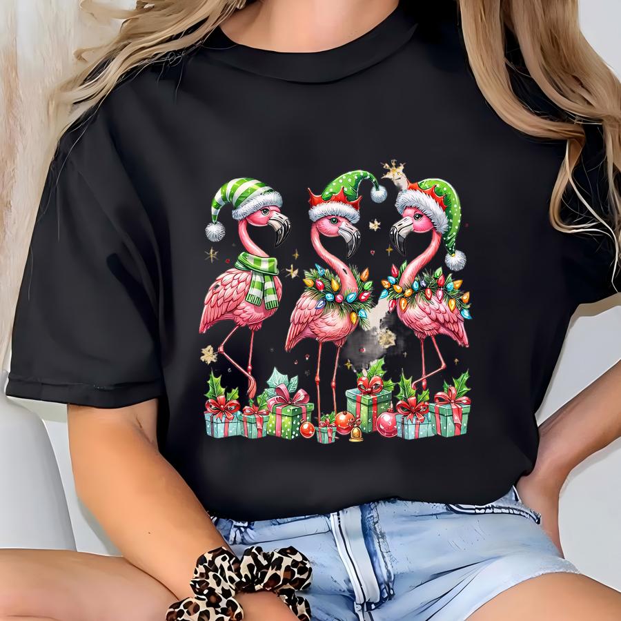 Flamingo Sweatshirt, Christmas Flamingo Shirt, Pink Flamingo Christmas Shirt, Christmas Shirt, Gift For Christmas,santa Flamingos Gift Shirt T-shirt