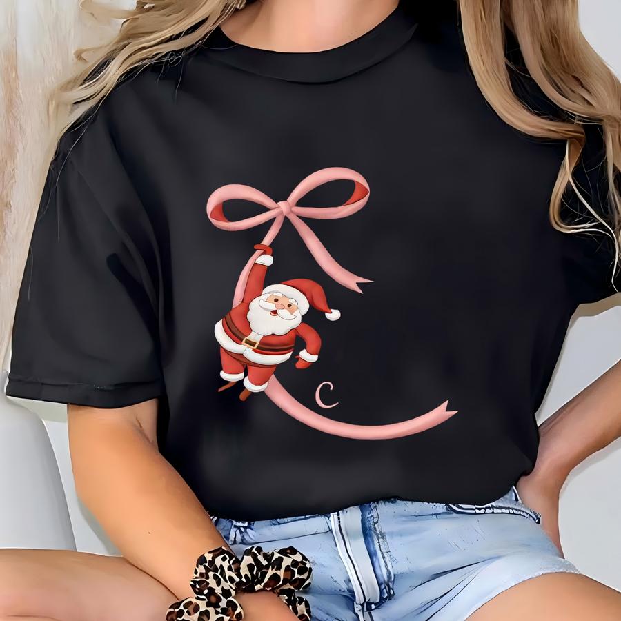 Santa Claus Merry Christmas Sweatshirt, Santa On Pink Bow Hoodie, Girly Holiday Apparel, Coquette Bow Xmas Shirt, Christmas Gift T-shirt