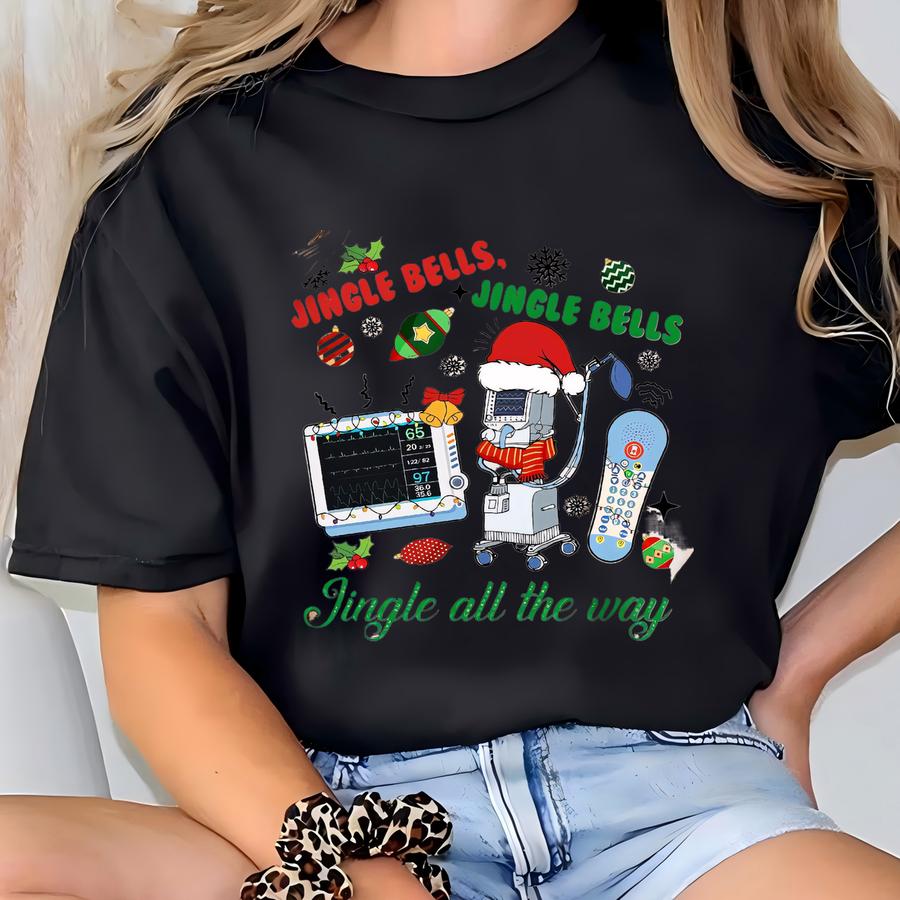 Christmas Icu Nurse Shirt,jingle Bells Jingle All The Way Shirt,call Light Telemetry Healthcare T Shirt,er Icu Med Surg Rn Picu Micu Cvicu T-shirt