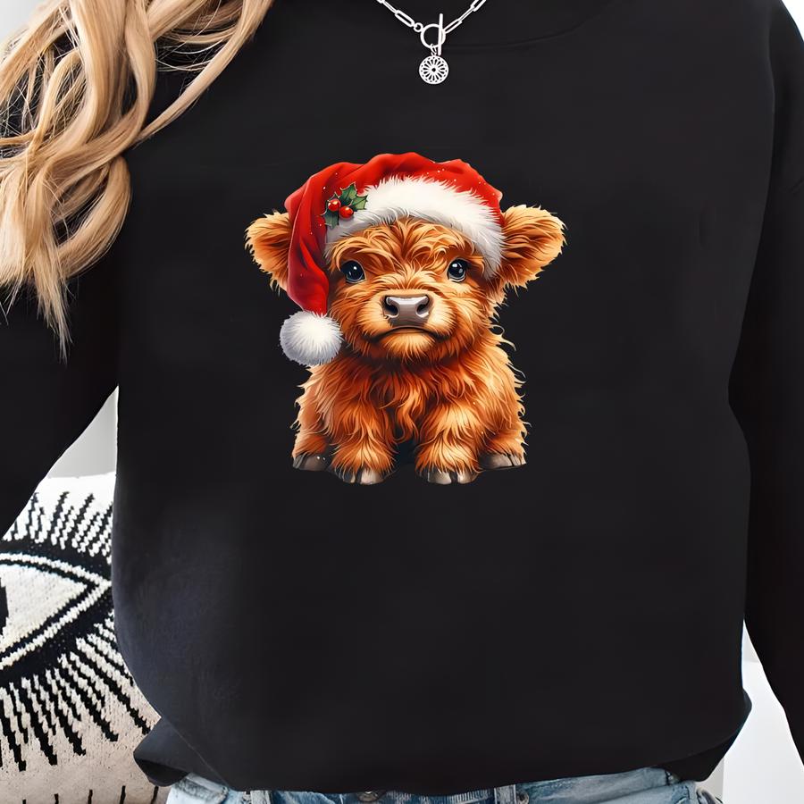 Highland Cow Christmas Shirt, Cute Santa Hat Cow T-shirt, Rustic Farm Holiday Tee, Country Christmas Gift, Cow Lover Shirt Sweatshirt
