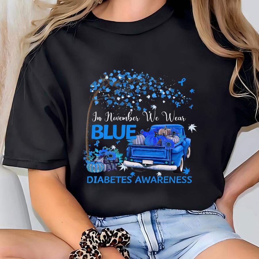 In November We Wear Blue For Diabetes Awareness Shirt: Pumpkin Truck Awareness Tee, Diabetes Support Shirt, Ribbon Fall Hoodie T-shirt