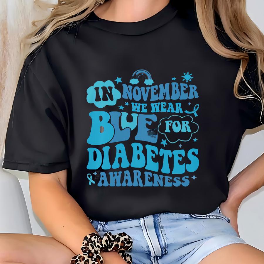 In November We Wear Blue For Diabetes Awareness Shirt: Sugar-free Month Tee, Diabetes Support Shirt, Blue Ribbon Hoodie T-shirt