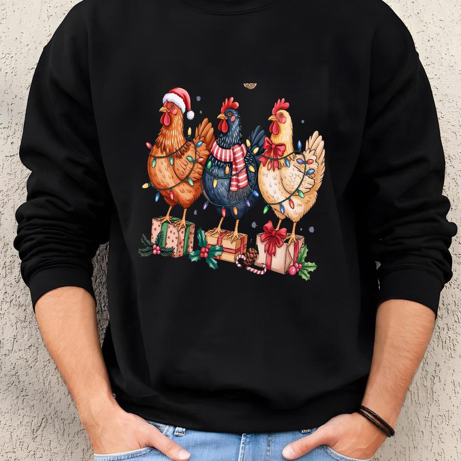 Cute Christmas Chickens Shirt, Funny Holiday Farm T-shirt, Family Xmas Top Tee Gift Sweatshirt