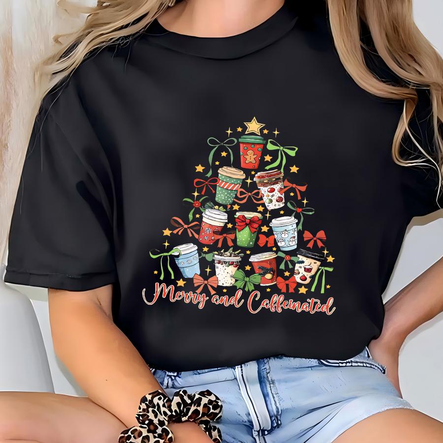 Christmas Coffee Sweatshirt, Merry And Caffeinated, Coffee Lover Hoodie, Women Coffee Sweatshirt, Xmas Latte, Girly Holiday Sweatshirt T-shirt