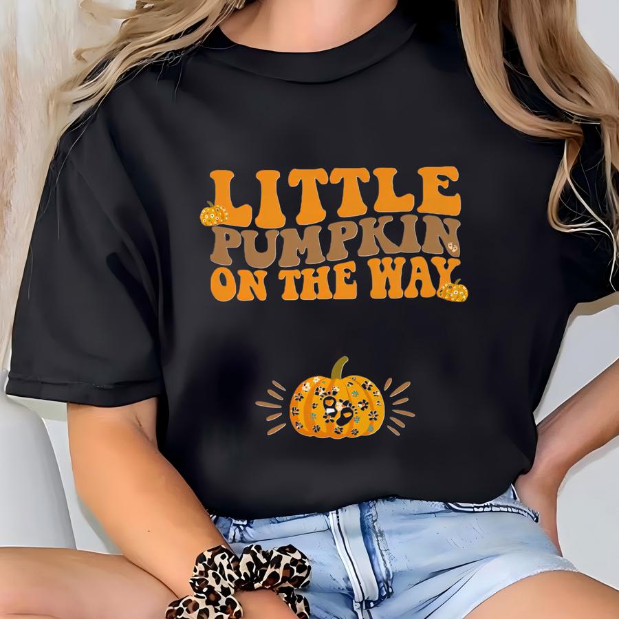 Personalized Little Pumpkin On The Way Sweatshirt, Custom Baby Name Hoodie, Mom To Be Thanksgiving Pullover Hoodie, Fall Maternity Apparel T-shirt
