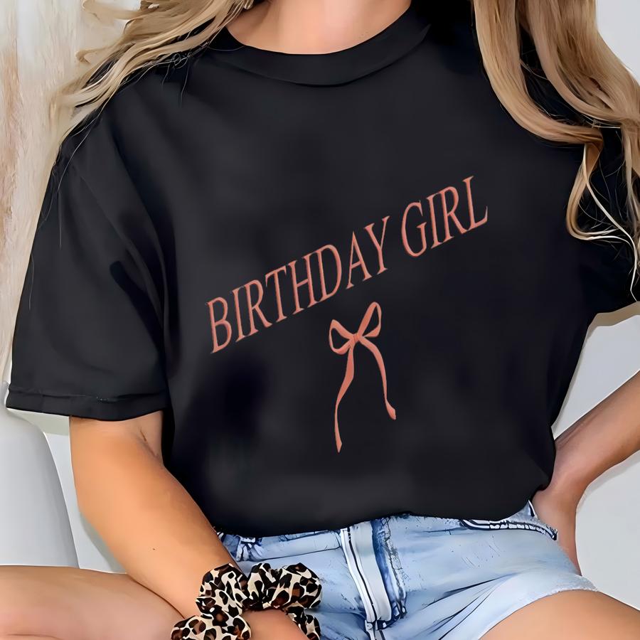 Personalized Birthday Girl Coquette Bow Sweatshirt, Custom Name Birthday Shirt, Girly Ribbon Crewneck, Girl Party Outfit T-shirt