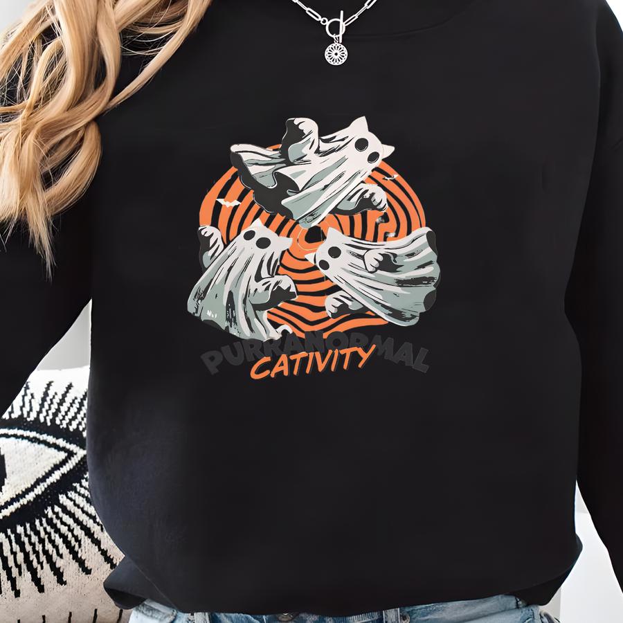 Halloween Cat Sweatshirt, Purranormal Cativity Sweater, Halloween Cat Mom Gift, Cat Ghosts Hoodie, Funny Cat Sweater, Cat Lover Crewneck Sweatshirt