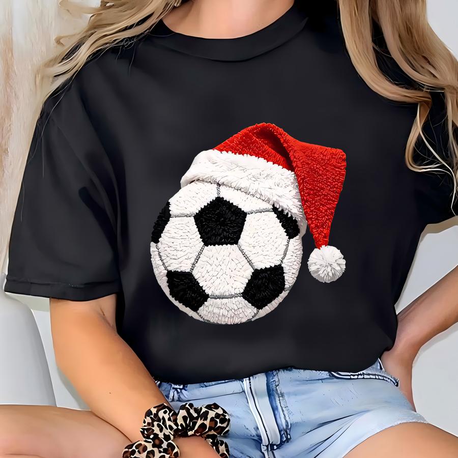 Christmas Hat With Football Ball Sweatshirt, Festive Sports Holiday Hoodie, Cozy Winter Game Day Sweatshirt, Jolly Football Fan Hoodie T-shirt