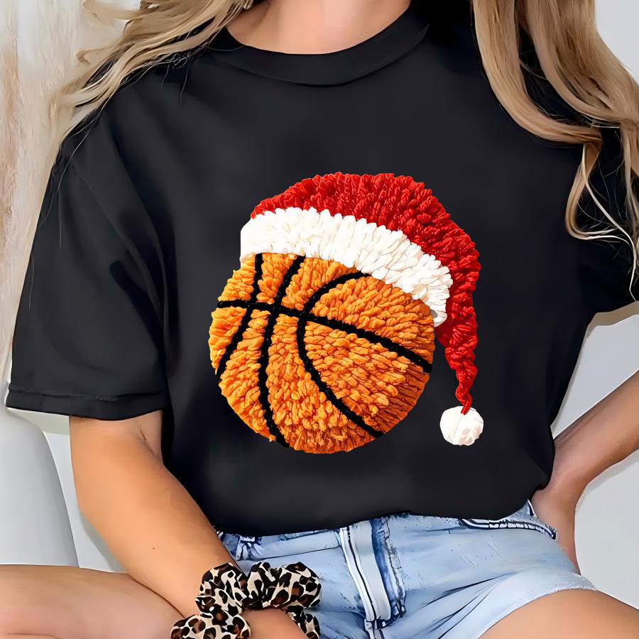 Christmas Hat With Basketball Ball Sweatshirt, Festive Sports Holiday Hoodie, Cozy Winter Game Day Sweatshirt, Jolly Basketball Fan Hoodie T-shirt