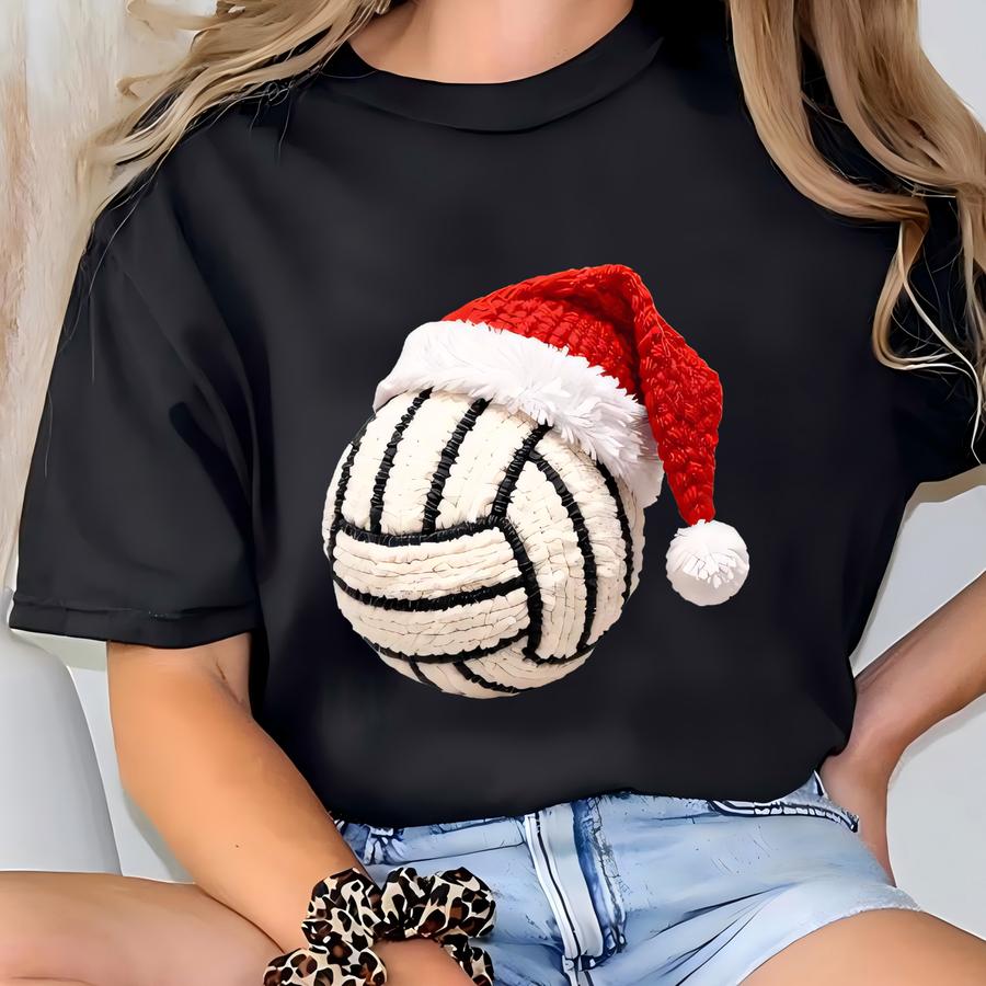 Christmas Hat With Volleyball Ball Sweatshirt, Festive Sports Holiday Hoodie, Cozy Winter Game Day Sweatshirt, Jolly Volleyball Fan Hoodie T-shirt