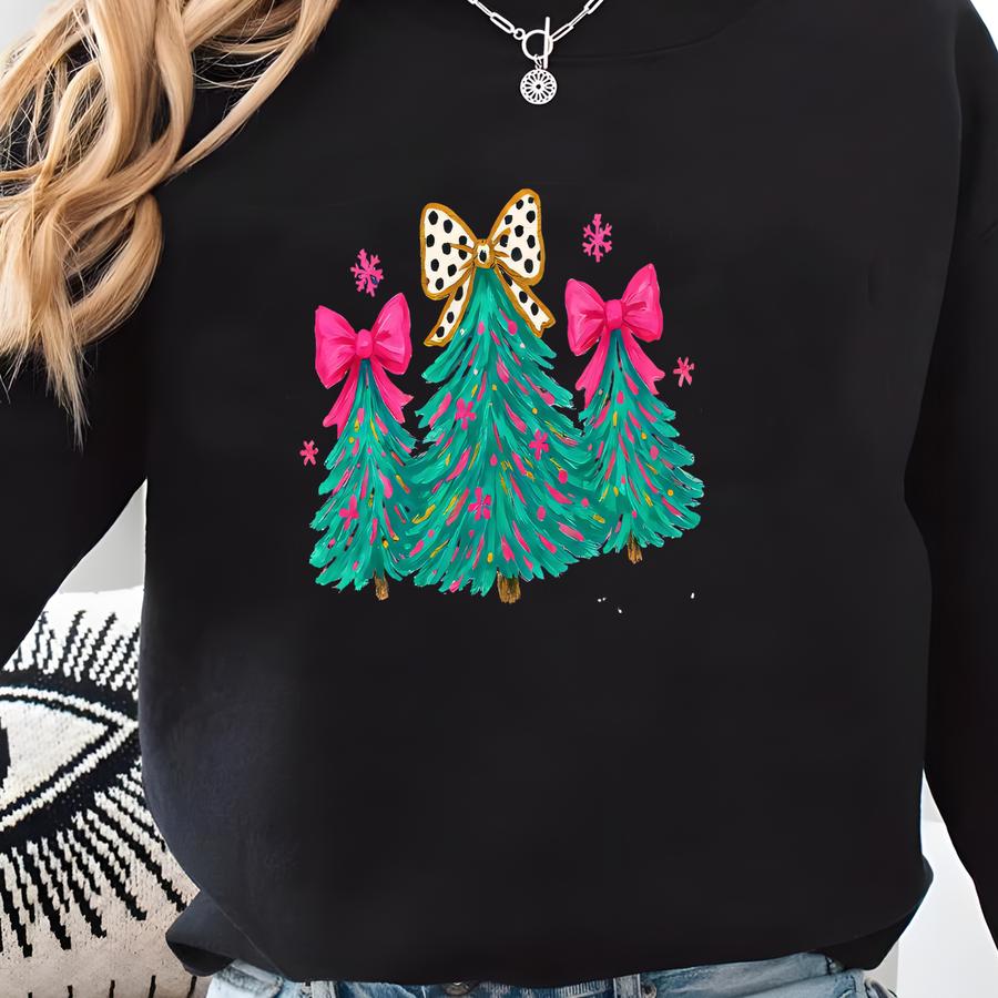 Christmas Shirt Merry Bright Xmas Tree Tee Pink Holiday Festive Bow Tshirt Cute Jolly Tee Coquette Merry Christmas T-shirt Sweatshirt