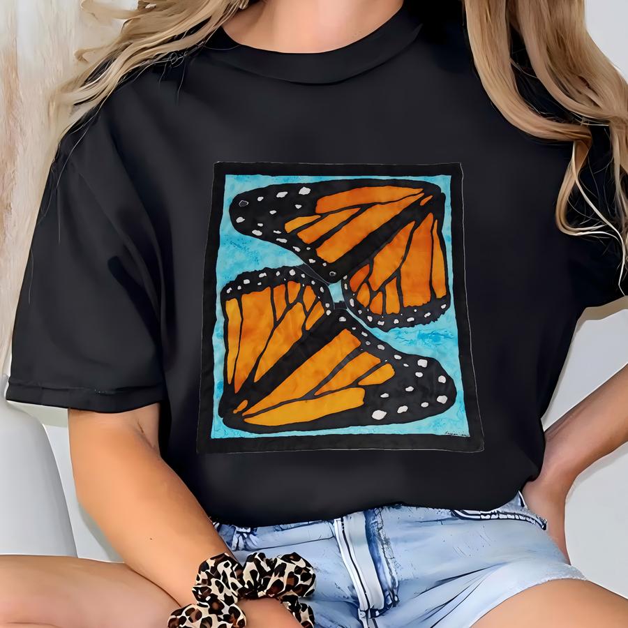 Silk Butterfly Scarf, Square Silk Scarf, Monarch Butterfly Scarf, Hand Dyed Silk Scarf, Orange, Blue And Black Silk Scarf, 30 T-shirt