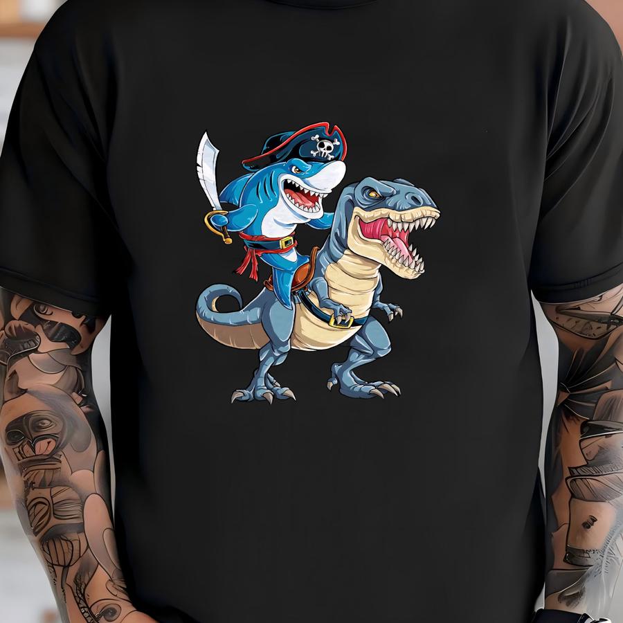 Shark Pirate Riding Dinosaur T Rex Shirt / Shark Shirt / Shark Gifts / Sharks / Shark Tshirt / Shark Lover / Tank Top / Hoodie T-shirt