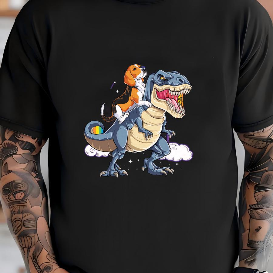 Beagle Dinosaur T Rex Shirt / Beagle Shirt / Dinosaur T-rex / Beagles Gifts / Rainbow Tee / Dog Riding Trex / Tank Top / Hoodie T-shirt