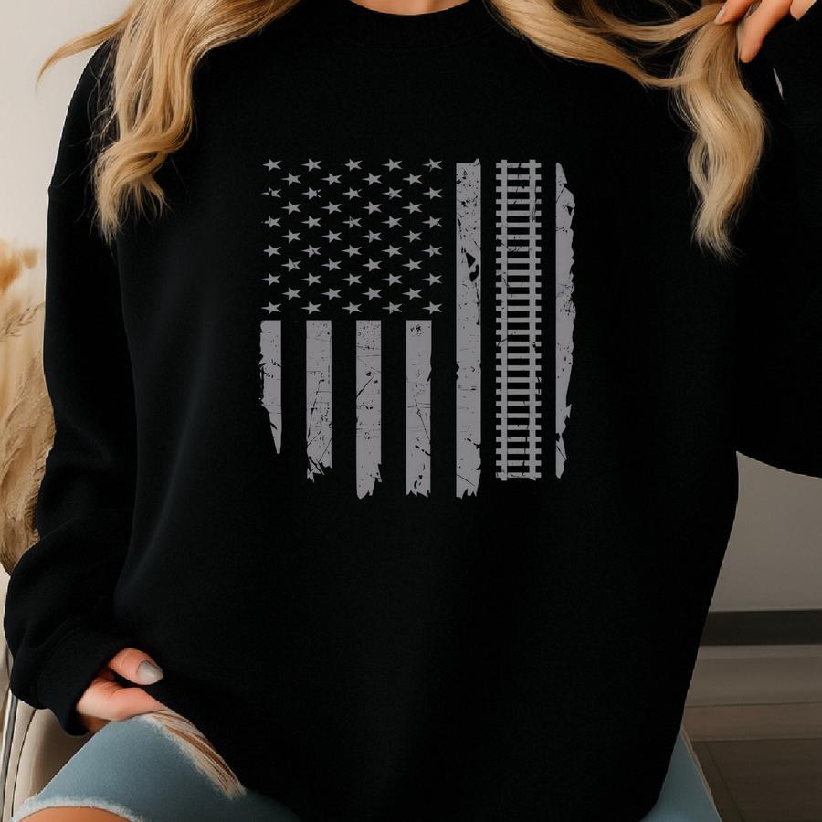 Train American Flag Usa Conductor Railroad Tracks T-shirt, Tank Top, Hoodie, Sweatshirt, Long Sve, Child Apparel Gift Sweatshirt