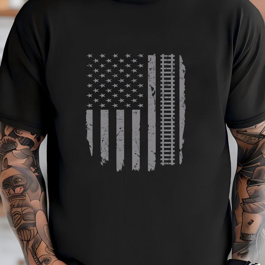 Train American Flag Usa Conductor Railroad Tracks Hoodie, Tank Top, Hoodie, Sweatshirt, Long Sve, Child Apparel Gift T-shirt