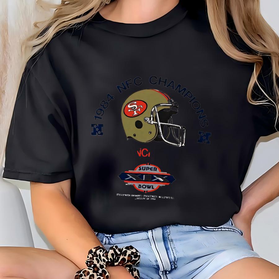 Vintage San Francisco Forty Niners Super Bowl Xix 1984 Football Deadstock Trench Tee Shirt Ringer 80s 49ers Rare 1980s Golden Gate New T-shirt