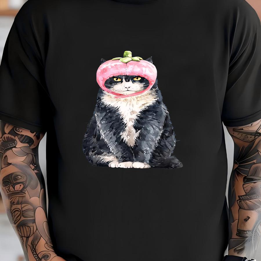 Tuxedo Cat Bella + Canvas Hoodie: Strawberry Hat Design T-shirt