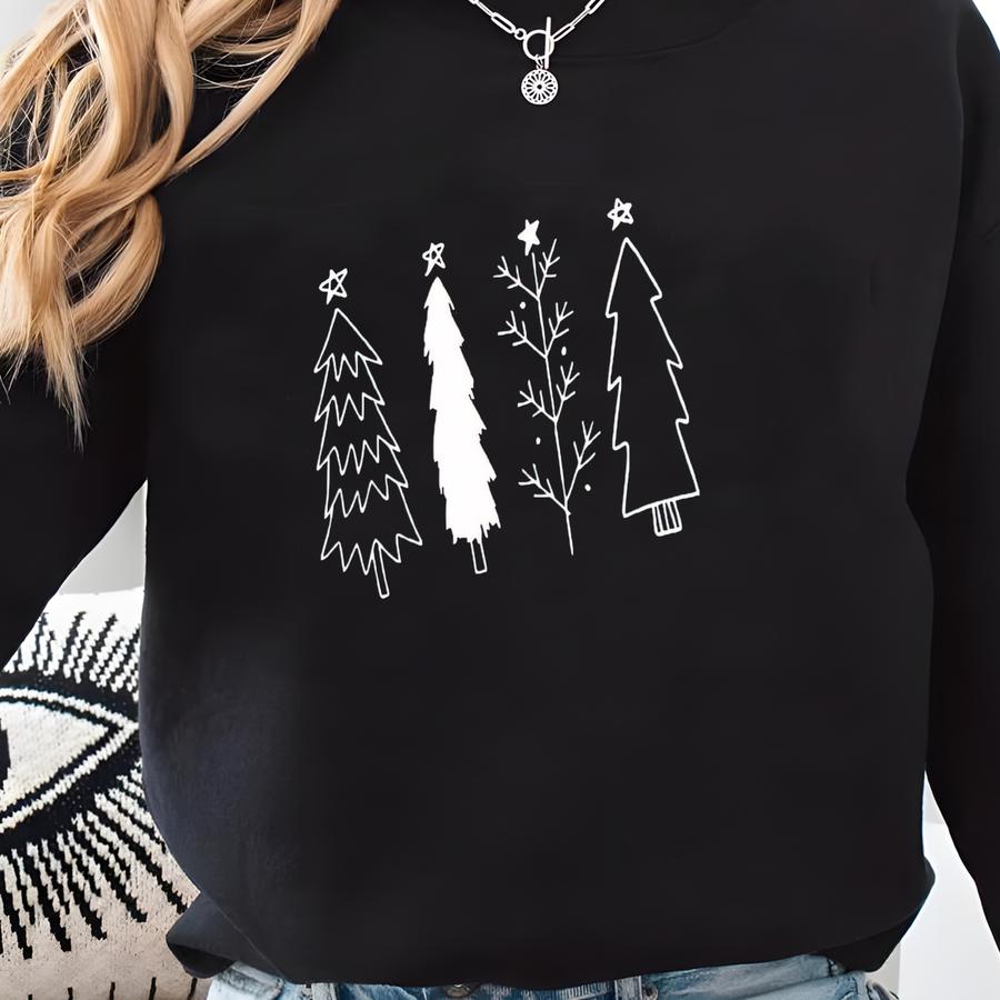 Hand-drawn Christmas Trees Sweatshirt: Holiday Crewneck Sweater Sweatshirt
