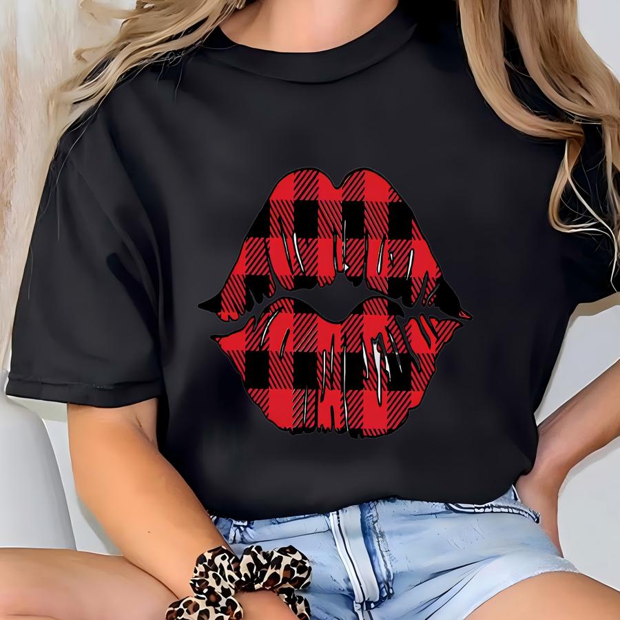 Buffalo Plaid Lips Shirt: Valentine's Day Kiss Tee T-shirt