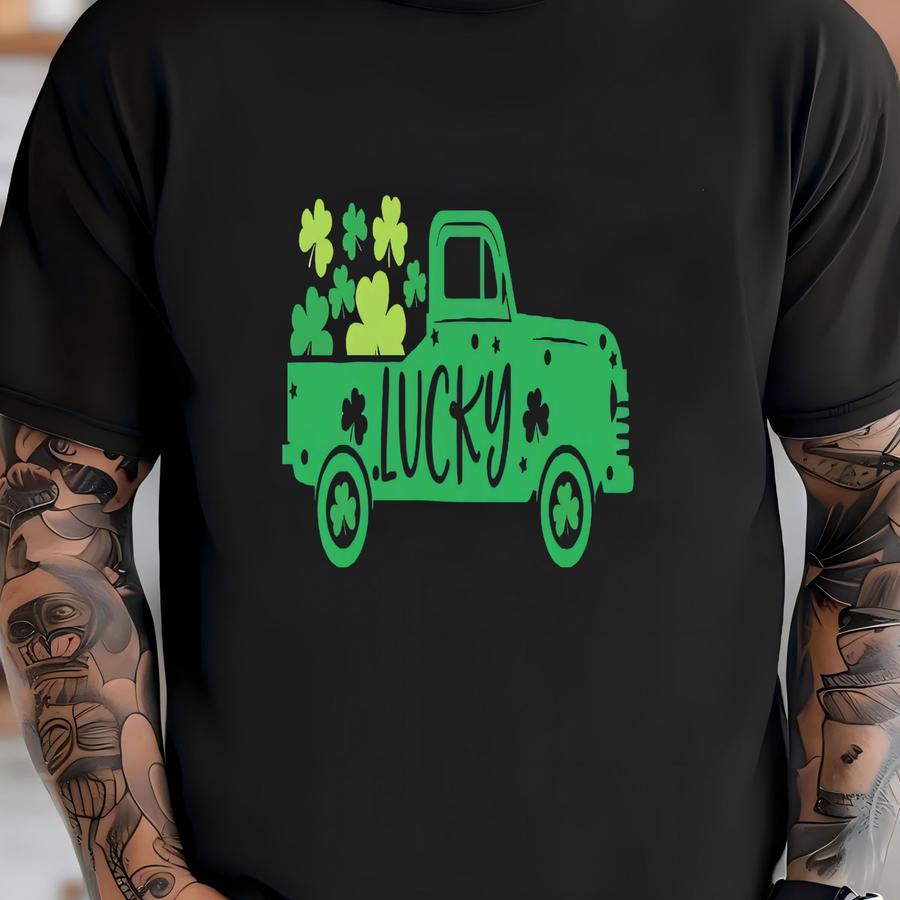 St Patrick's Day Tee, Old Green Lucky St Patricks Day Truck Design On Premium Unisex Tee, 2 Color Choices, 2x, 3x, 4x, Plus Sizes Available T-shirt