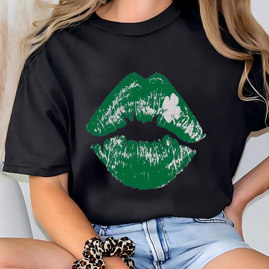 St Patricks Day Shirt Women, Green Shamrock Lips Shirt, St. Patrick's Tees, Lucky Shirts, Shamrock Tshirt, Kiss Me Im Irish Shirts For Women T-shirt