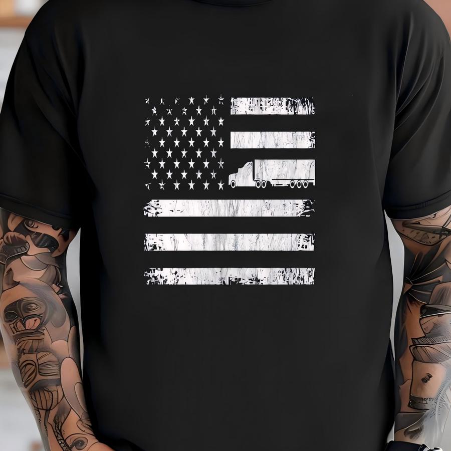 American Flag Trucker Hoodie, Patriotic Trucker, Usa Flag Gifts For Truckers, Semi Truck Driving Gift, Tank Top, Hoodie, Long Sve T-shirt